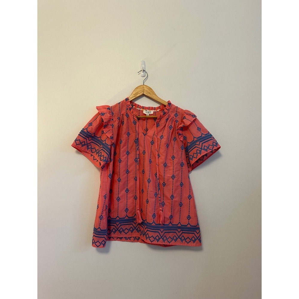 NWT Umgee Coral Pink Embroidered Ruffle Boho Blouse | Size Small‎